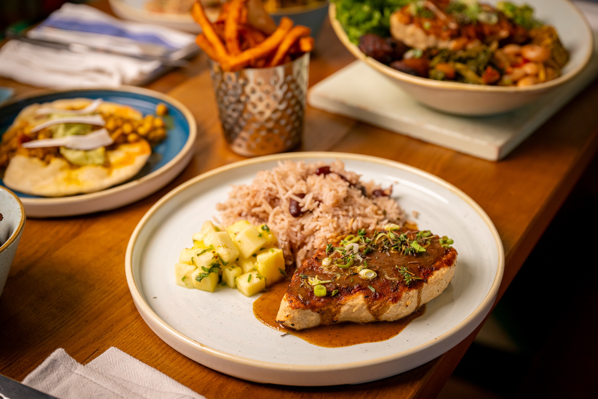 plant based jerk chicken with rice and peas at turtle bay