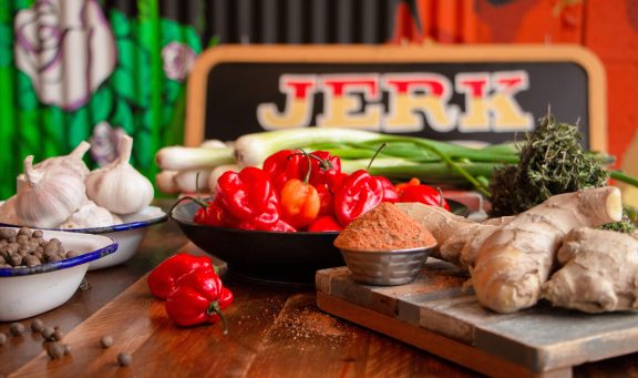 Jerk Fresh ingredients with jerk sign