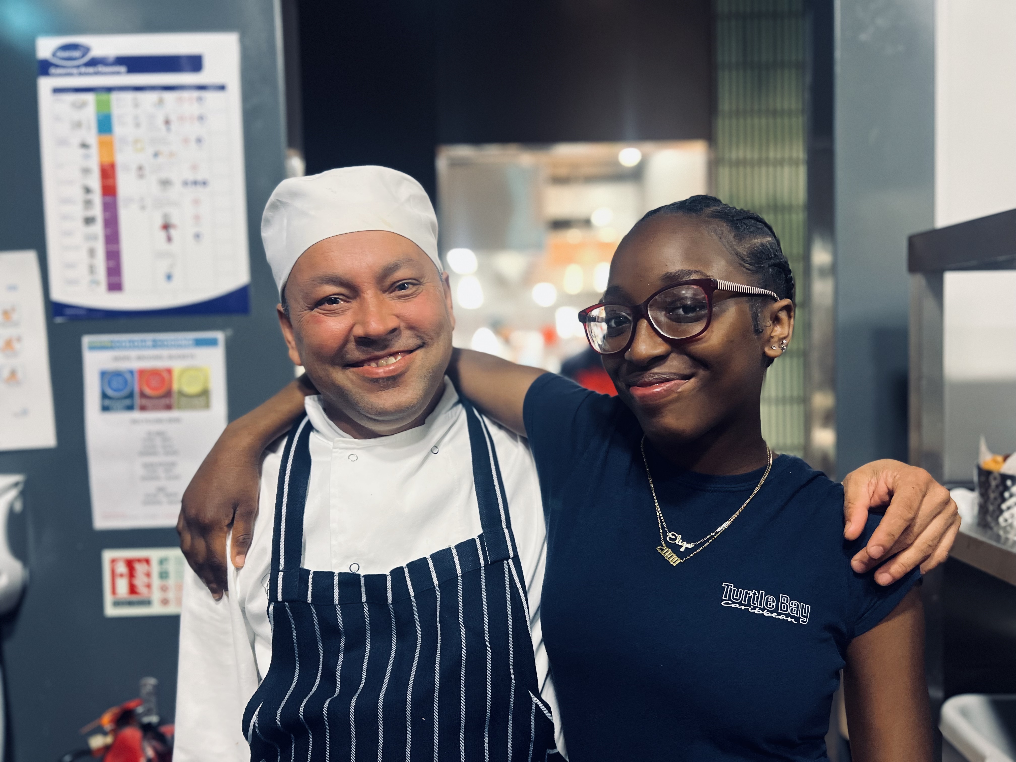 Waiter hugging chef